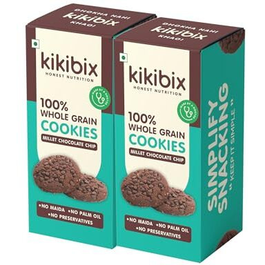 Kikibix Choco Chip Cookies | No Maida, No Refine Sugar | Made With Jowar & Organic Jaggery | Tasty & Healthy Snacks For Adults & Kids | Multigrain Millets | Tiffin Box Snack | Jowar Chocolate | 260 Gm | 24 Pieces