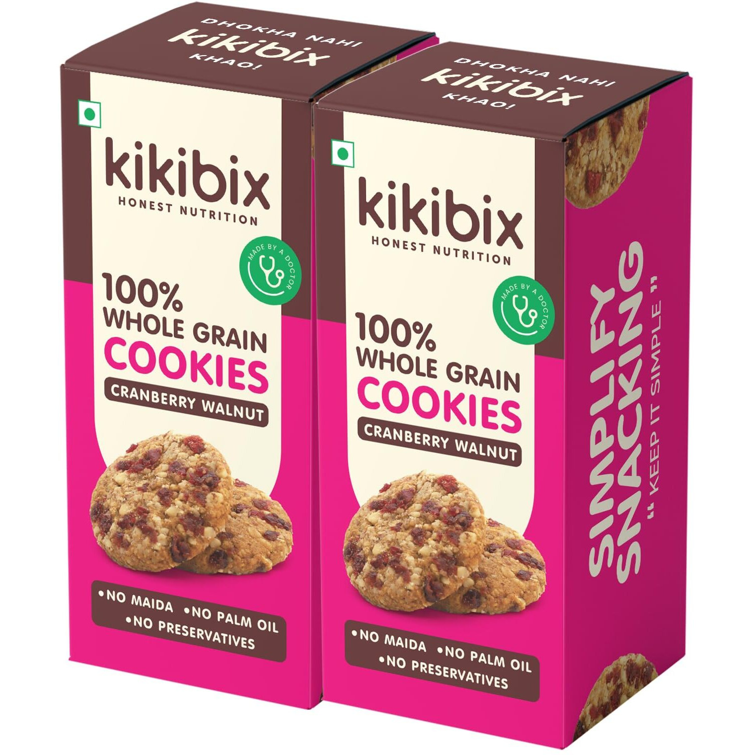 Kikibix Cranberry Walnut Cookies, High-Fibre Tasty & Healthy Multi-Grain Snack For All Age Groups, Low Calorie, No Maida, No Refined Sugar, Made With Organic Jaggery- (130g x Pack of 2) | 24 Pieces