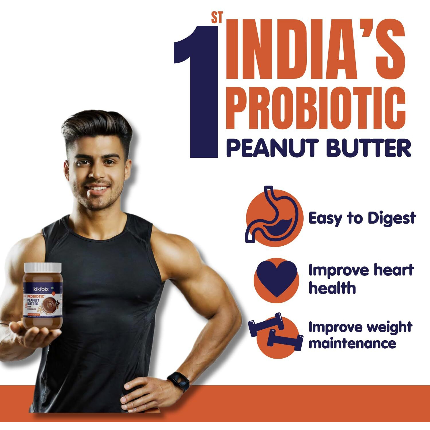 Kikibix Dark Chocolate Natural Peanut Butter | No Added Sugar | Added with Probiotics | No Transfat | High Protein | Non- GMO | No Added Oil or Emulsifiers | 340 gm x Pack of 1