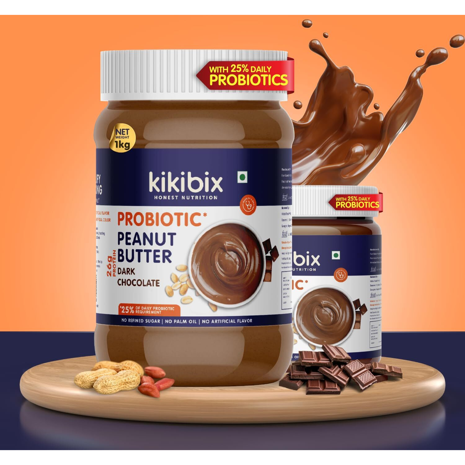 Kikibix Dark Chocolate Natural Peanut Butter | No Added Sugar | Added with Probiotics | No Transfat | High Protein | Non- GMO | No Added Oil or Emulsifiers | 340 gm x Pack of 1