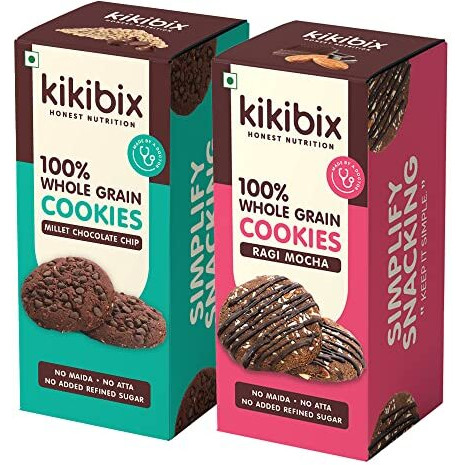 Kikibix Ragi Almond + Chocolate Combo Cookies | No Maida, No Refined Sugar | Tasty & Healthy Snacks | With Millets & Organic Jaggery | Multi-Grain, Protein Digestive Biscuit | 130 gm x Pack of 2