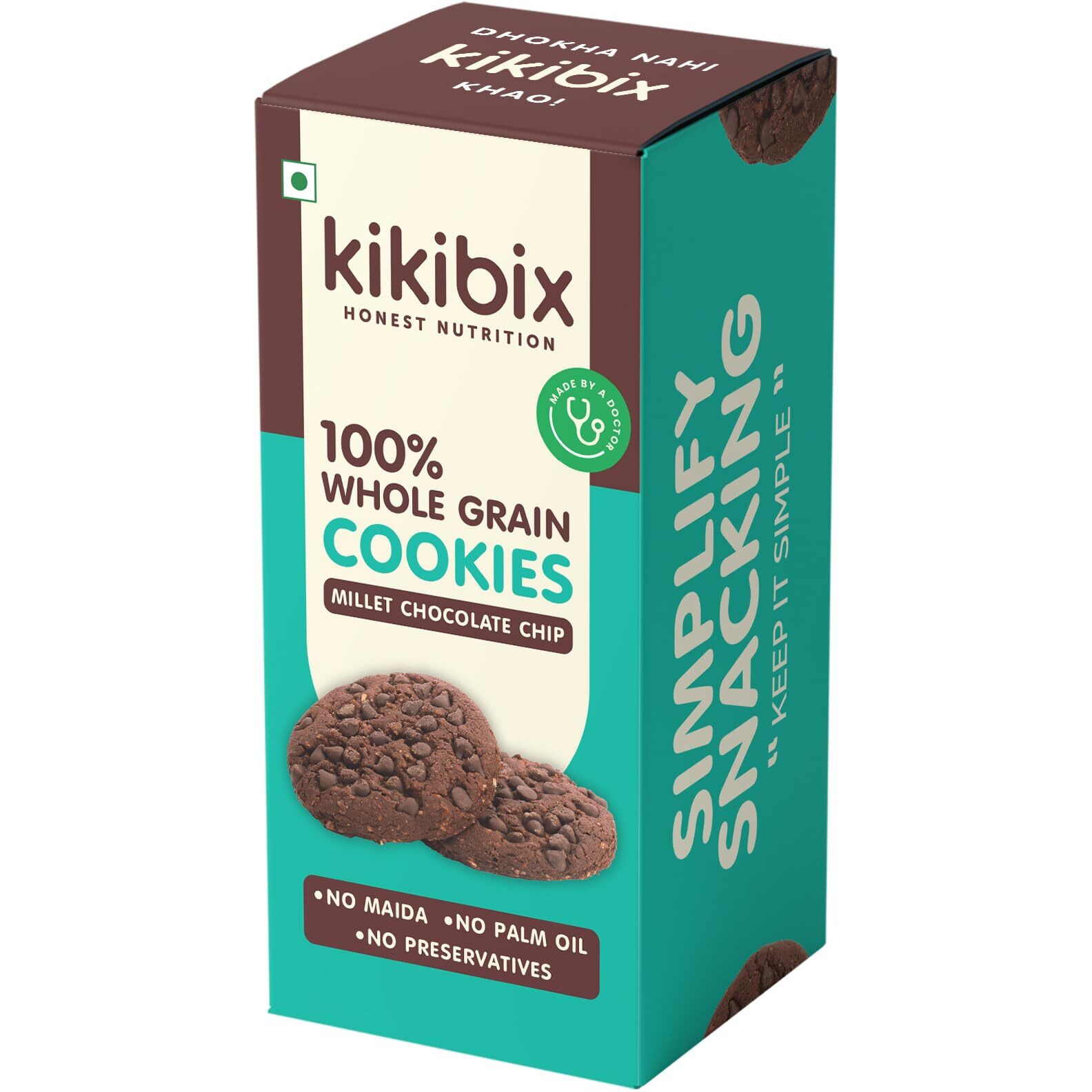 Kikibix Choco Chip Cookies | No Maida, No Refine Sugar | Made With Organic Jaggery | Tasty & Healthy Snacks For Adults & Kids | Multigrain Millets | Tiffin Box Snack | Jowar Chocolate | 130 Gm | 12 Pieces