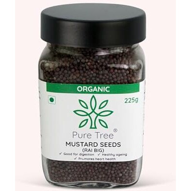 Pure Tree Certified Organic Mustard Seeds Big | 225 Gram | Glass Jar | Black Mustard Rai Seeds Big | Sasive Seeds Whole Kali Rai Dana | Sarson Dana Indian Spice Gluten Free