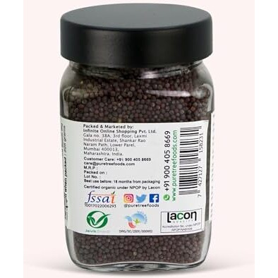 Pure Tree Certified Organic Mustard Seeds Big | 225 Gram | Glass Jar | Black Mustard Rai Seeds Big | Sasive Seeds Whole Kali Rai Dana | Sarson Dana Indian Spice Gluten Free