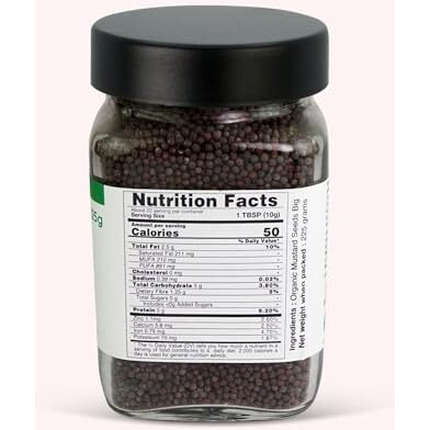 Pure Tree Certified Organic Mustard Seeds Big | 225 Gram | Glass Jar | Black Mustard Rai Seeds Big | Sasive Seeds Whole Kali Rai Dana | Sarson Dana Indian Spice Gluten Free