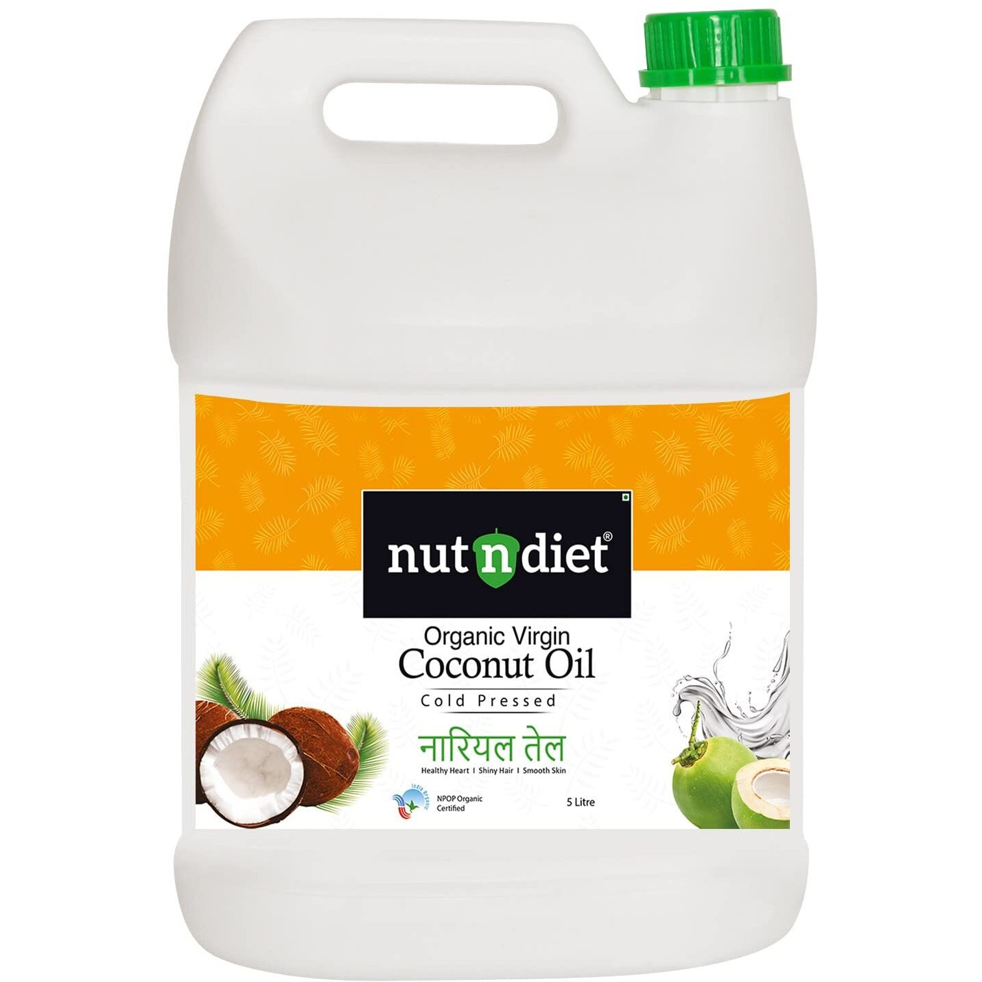 nutndiet Extra Virgin Coconut Oil Cold Pressed, Pure Organic Coconut Oil For Baby Massage, Hair Care, Skin Care And Cooking, CAN 5 Litre
