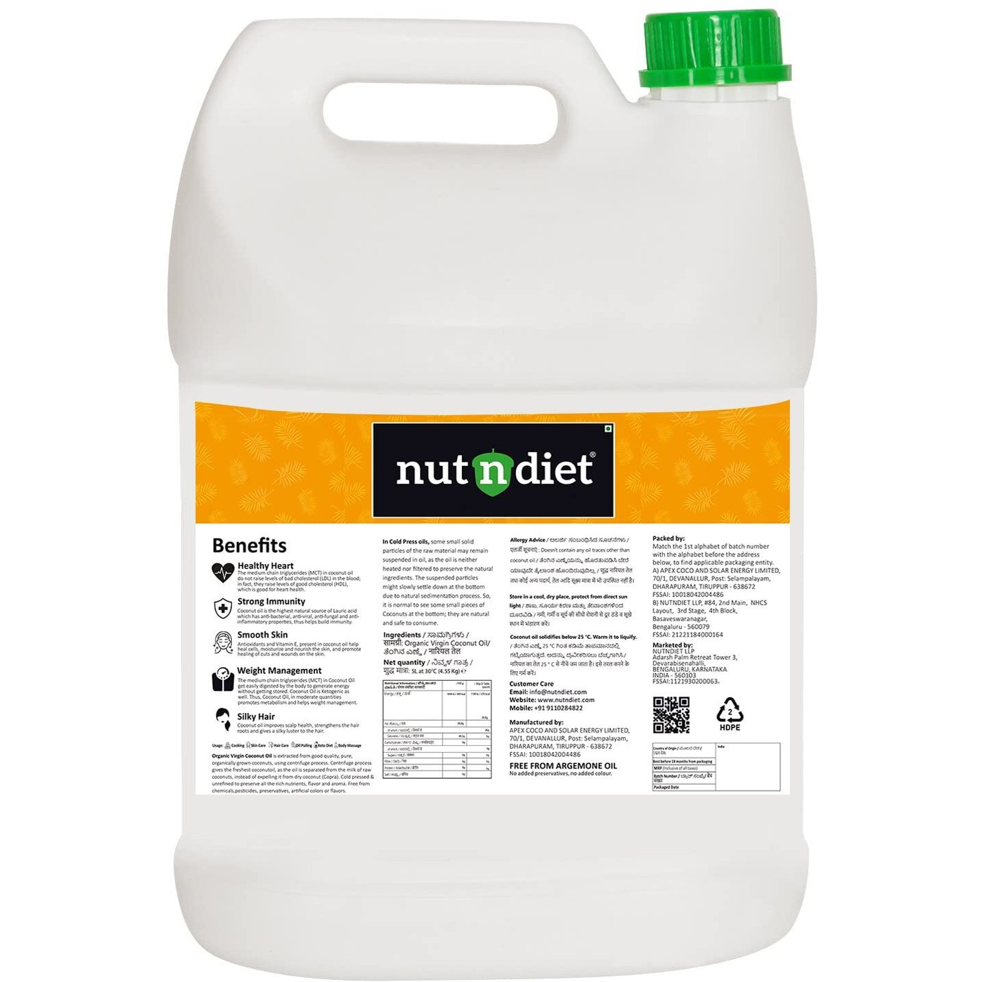 nutndiet Extra Virgin Coconut Oil Cold Pressed, Pure Organic Coconut Oil For Baby Massage, Hair Care, Skin Care And Cooking, CAN 5 Litre