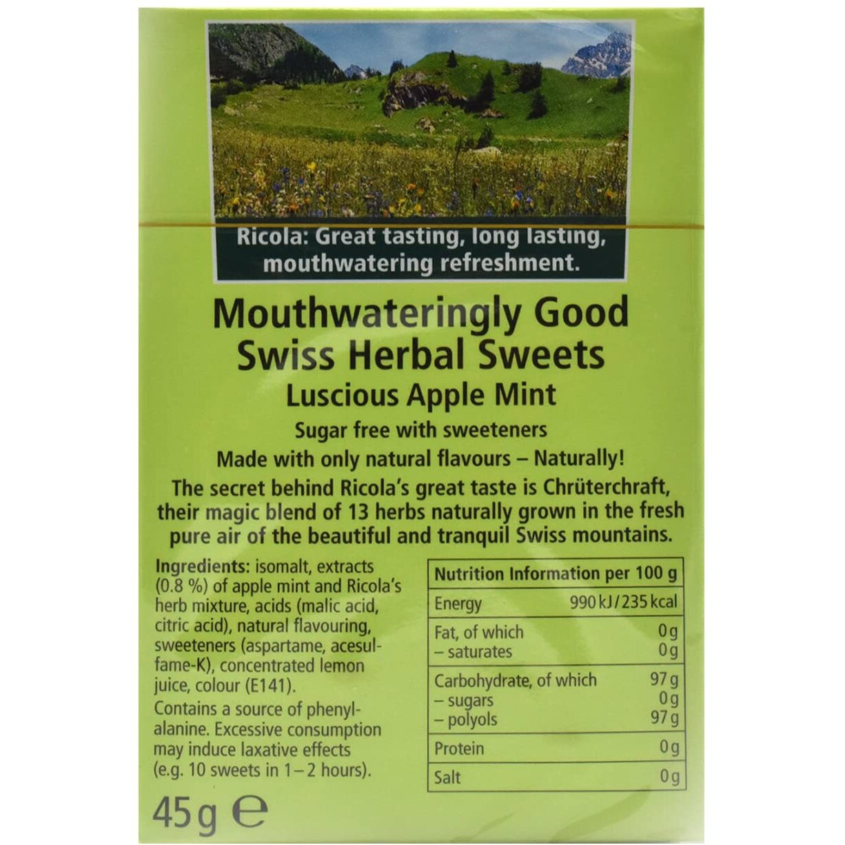 Ricola Luscious Apple Mint Sugar Free Candy, 1.59 oz  45 g