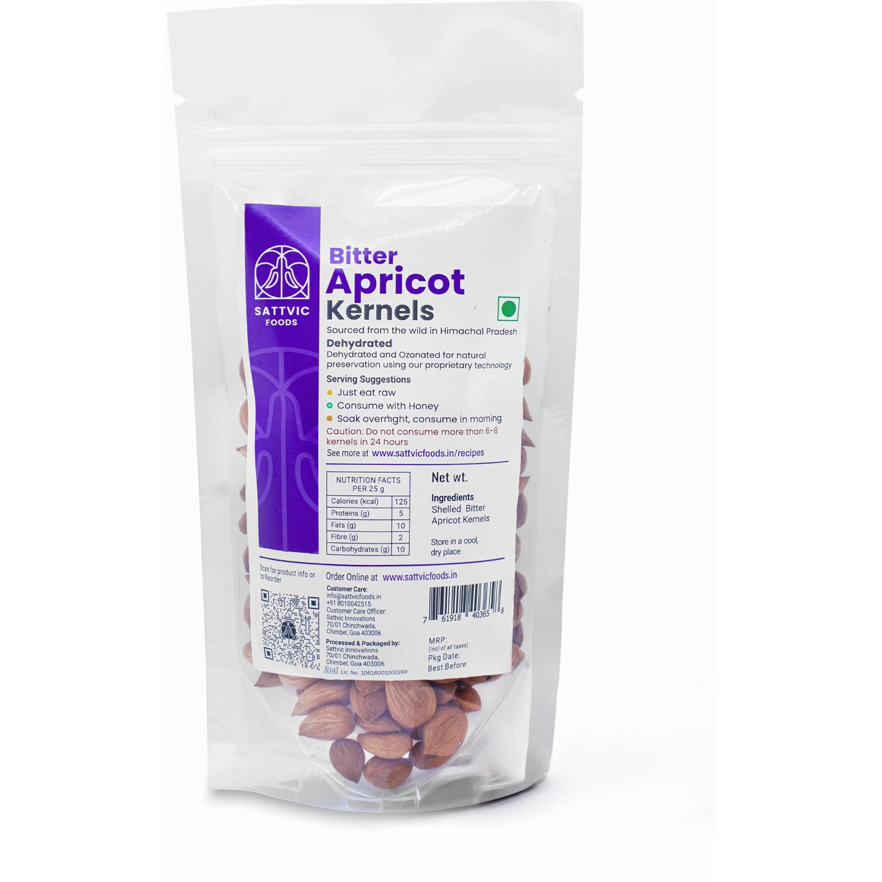 Sattvic Foods Bitter Apricot Kernels (100g) Dehydrated & Ozonated | Unprocessed & Raw | Boosts Immunity & Lowers Cholesterol levels | Soak overnight, eat plain or consume with honey