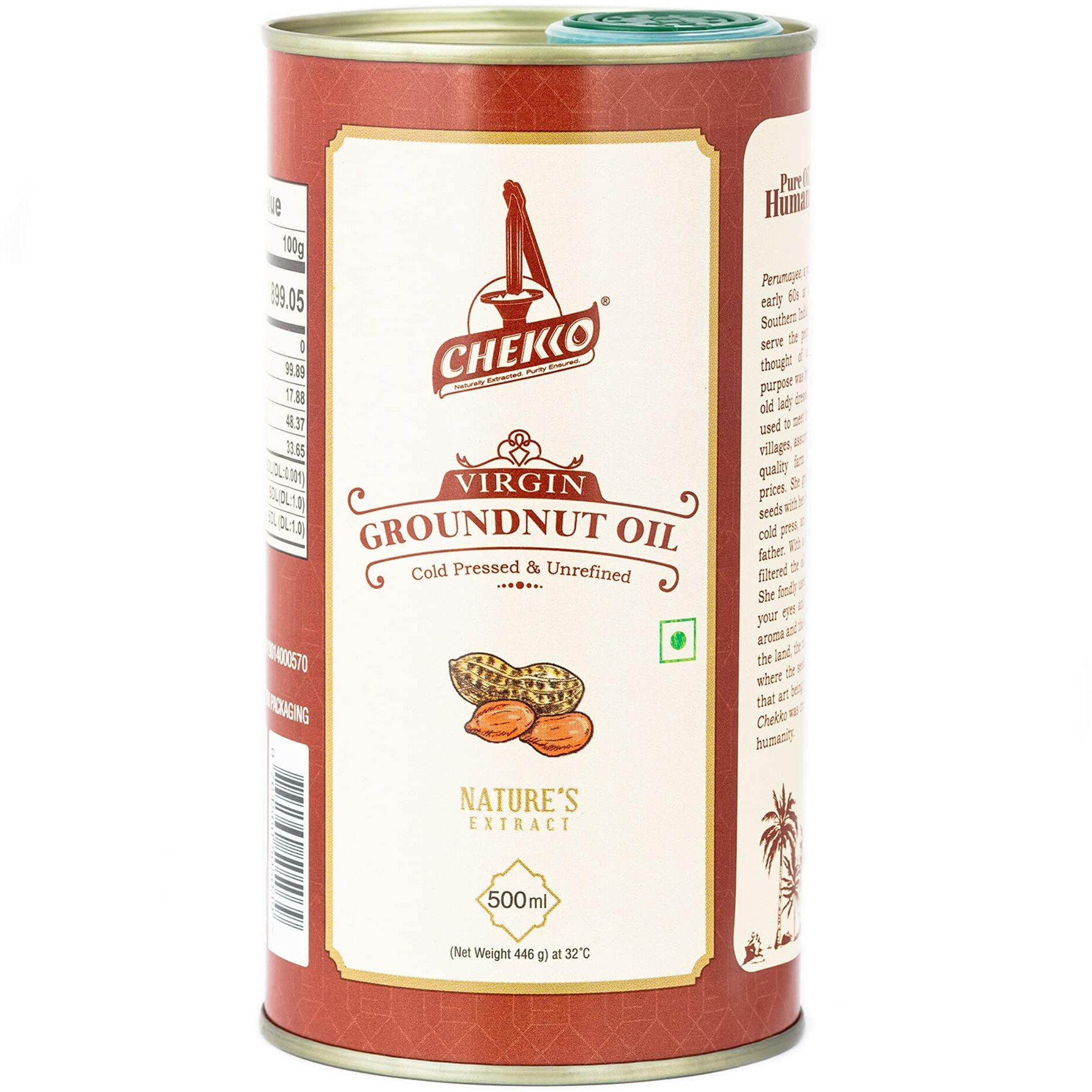 Chekko Cold Pressed Virgin Groundnut Oil | 100% Natural, Pure & Wood Pressed (500ML) for Cooking, Seasoning and a Healthy Heart and Skin