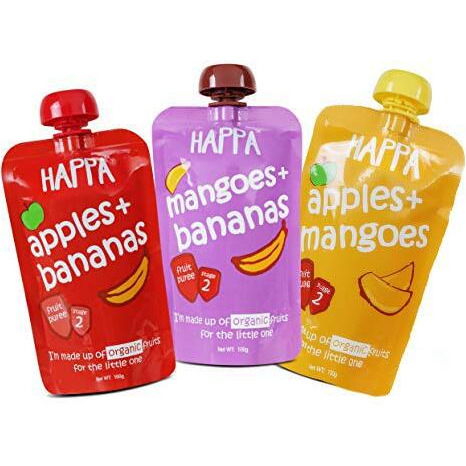 Happa Organic Food for little one, Fruit Puree (Apple+Banana, Mango+Banana, Apple+Mango) Stage 2, 3 Pouches, 100 Gram Each