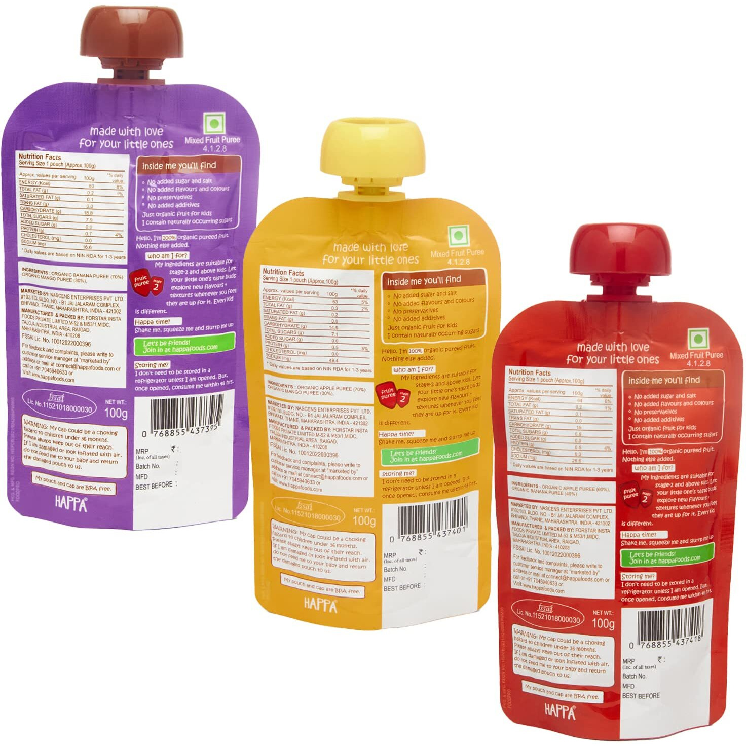 Happa Organic Food for little one, Fruit Puree (Apple+Banana, Mango+Banana, Apple+Mango) Stage 2, 3 Pouches, 100 Gram Each