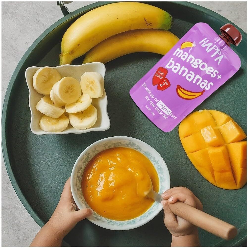 Happa Organic Food for little one, Fruit Puree (Apple+Banana, Mango+Banana, Apple+Mango) Stage 2, 3 Pouches, 100 Gram Each