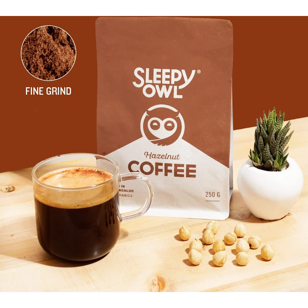 Sleepy Owl Hazelnut Ground Coffee | Fine Grind Coffee | Moka Pot, Home Espresso | Medium Roast | 100% Arabica | Freshly Roasted & Ground | 250g | Directly Sourced From Chikmagalur