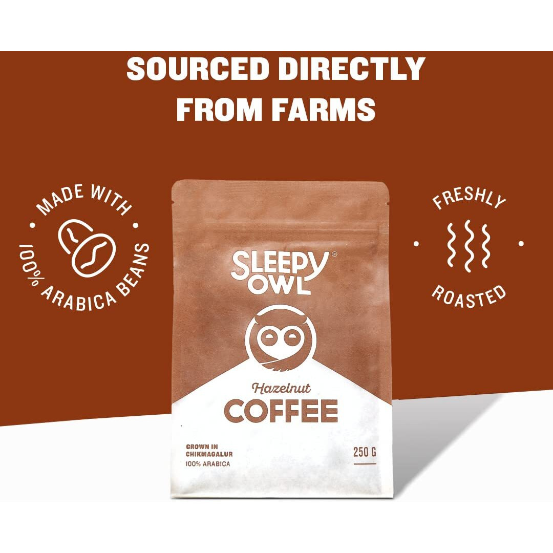 Sleepy Owl Hazelnut Ground Coffee | Fine Grind Coffee | Moka Pot, Home Espresso | Medium Roast | 100% Arabica | Freshly Roasted & Ground | 250g | Directly Sourced From Chikmagalur