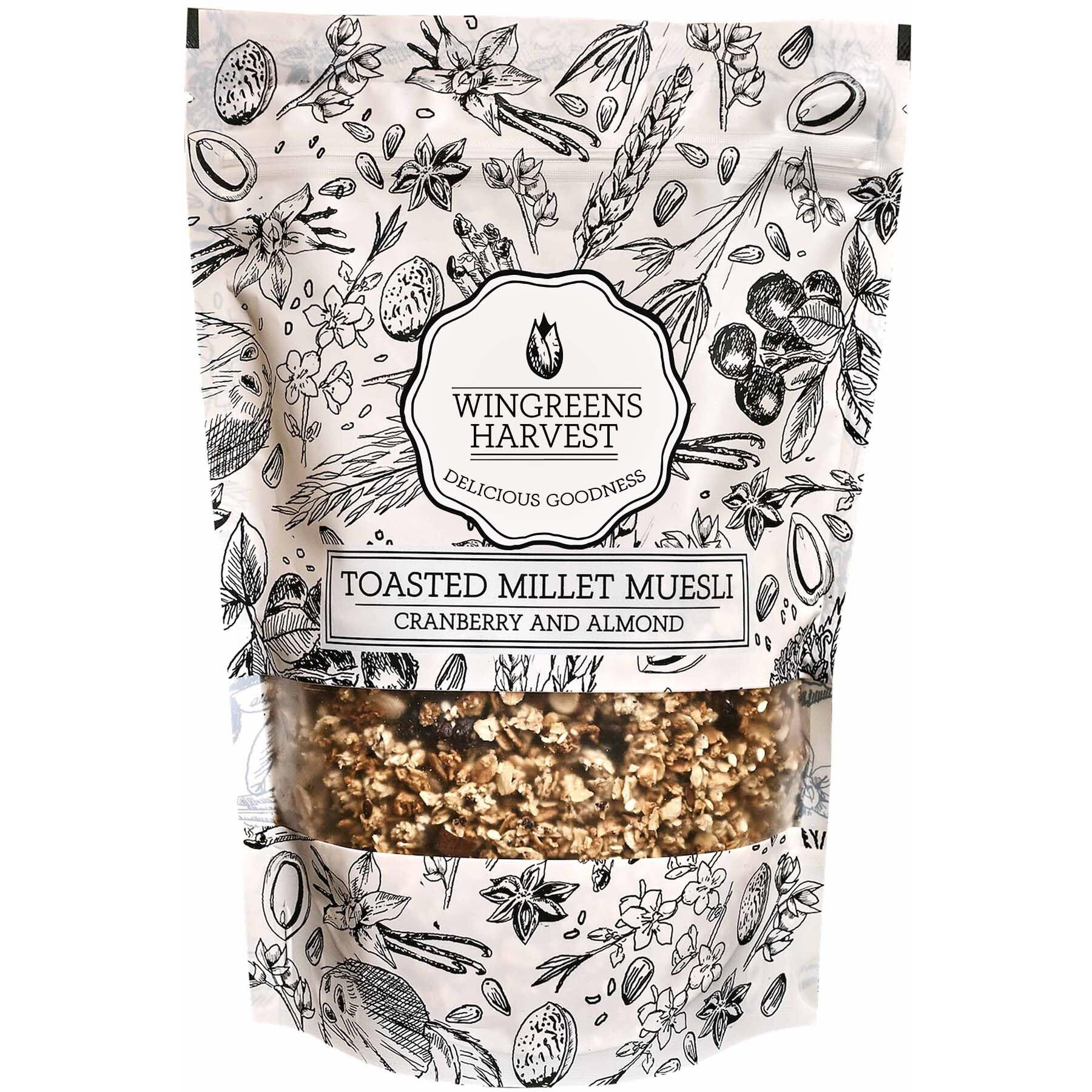 Wingreens Harvest Toasted Millet Muesli 250 g, Cranberry & Almond, Natural, Breakfast Cereal, Healthy Gluten-Free Cereals with Whole Grains, Dried Fruits, Nuts and Seeds, No Artificial Preservatives
