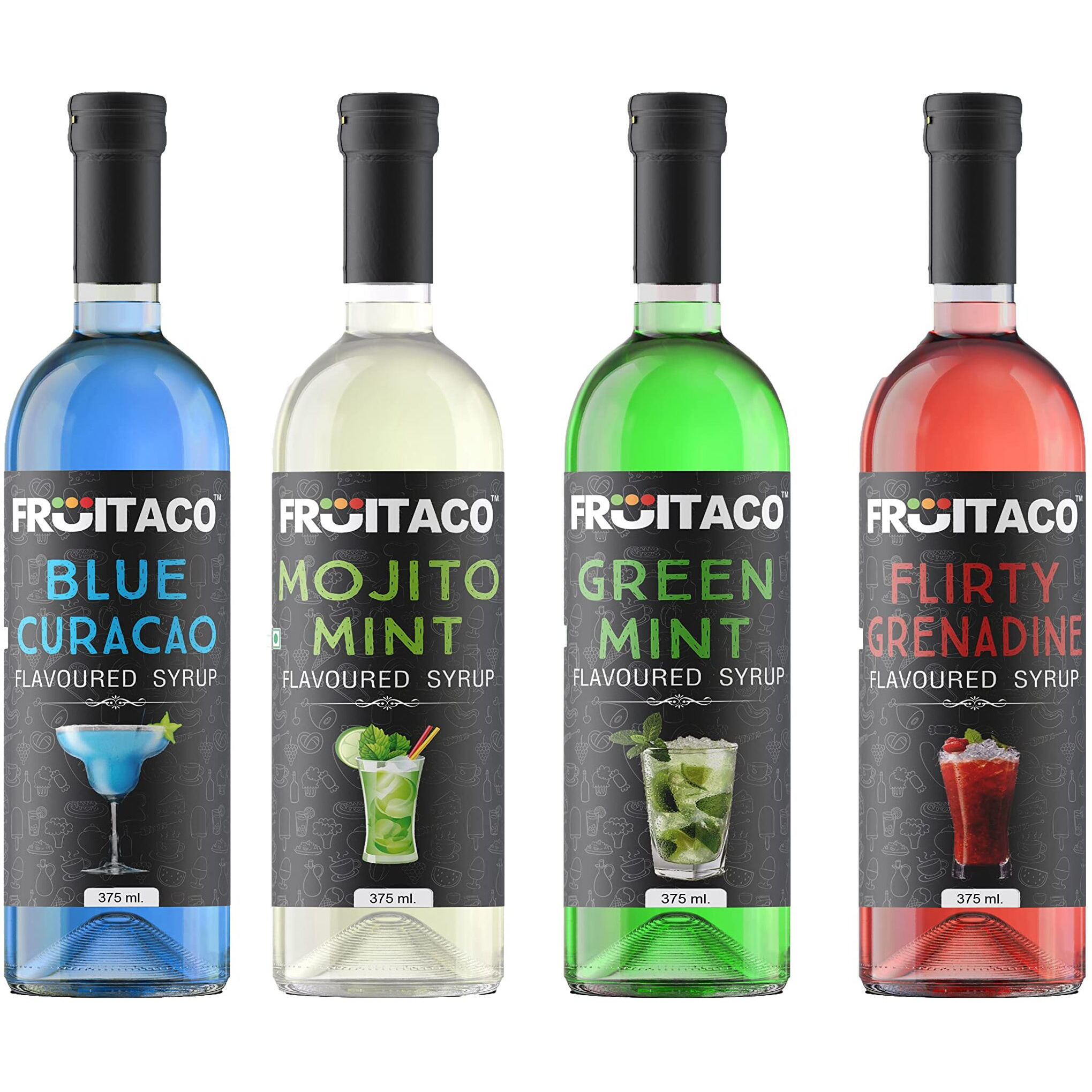 Fruitaco Blue Curacao Liquid Syrup Grenadine Green Mint Mojito Mint - Mocktail Syrup, Cocktail Mix, Cocktail Syrup Mojito Syrup Perfect For Mocktails&Cocktails,Mint Syrup Flavor Pack Of 4 (375 Ml)