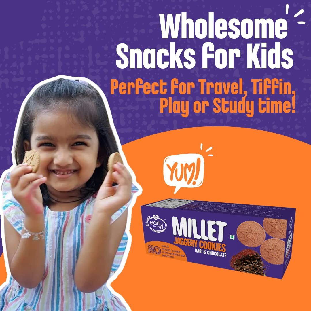 Early Foods Ragi Choco Jaggery Cookies - Kids Snack, 130 g | Millet Biscuit| Sugar free biscuits