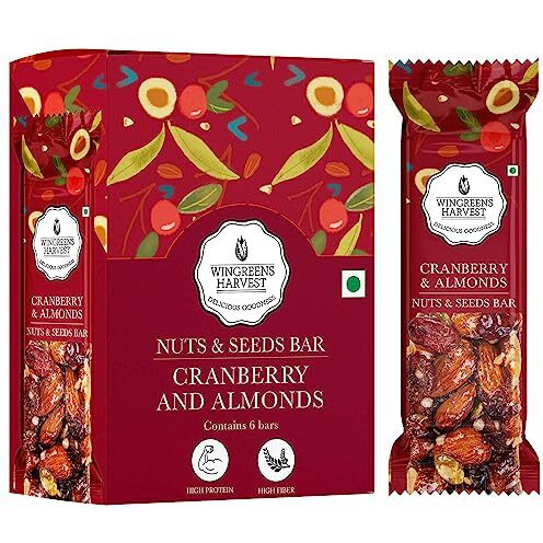 Wingreens Harvest Nuts & Seeds Energy Bars - Cranberry & Almond - 180 g (Pack of 6 x 30 g), Almonds, cashews, pumpkin seeds, Healthy Vegan Protein Snack Bars, Gluten Free, high Fibre.