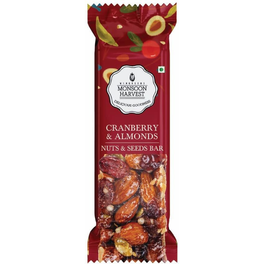 Wingreens Harvest Nuts & Seeds Energy Bars - Cranberry & Almond - 180 g (Pack of 6 x 30 g), Almonds, cashews, pumpkin seeds, Healthy Vegan Protein Snack Bars, Gluten Free, high Fibre.