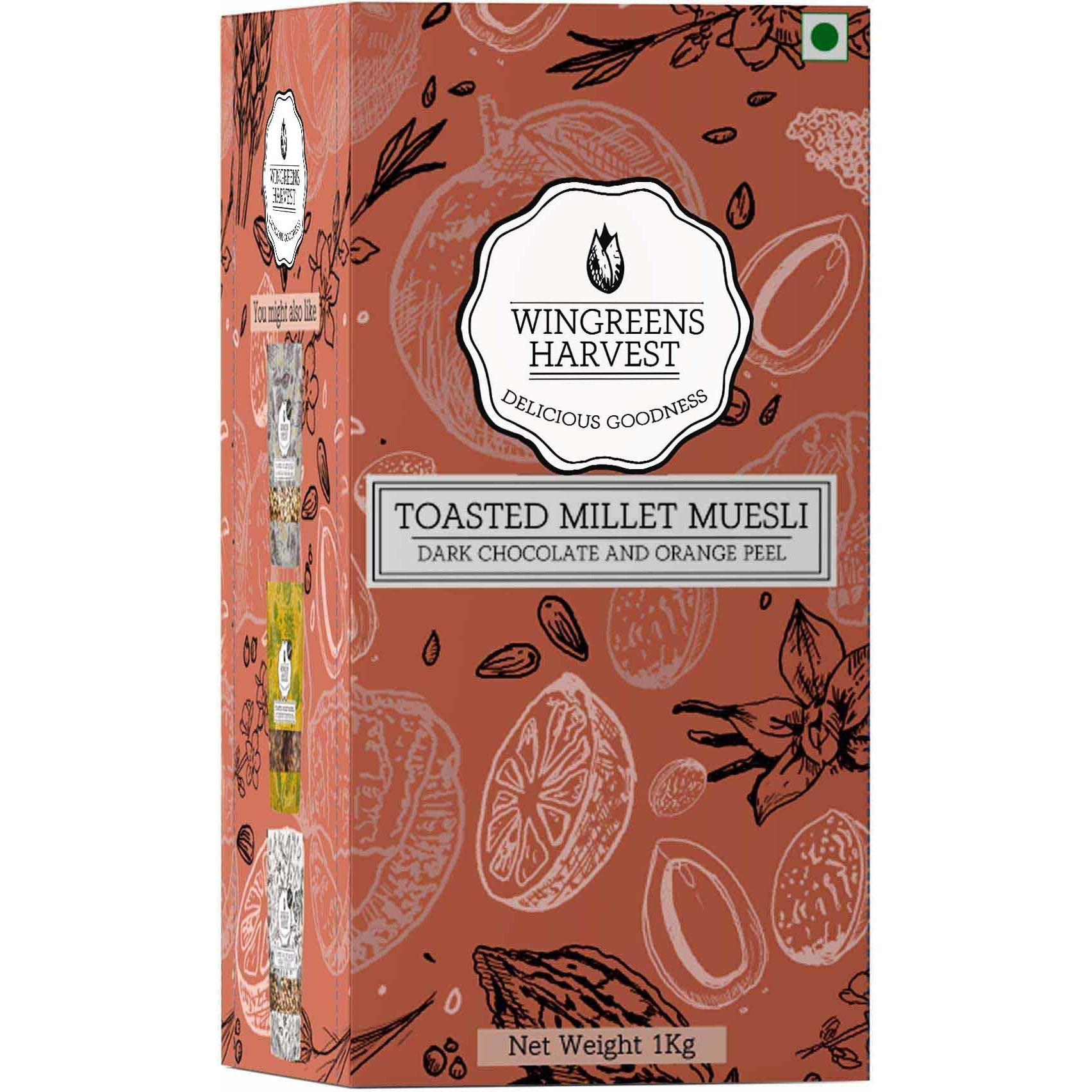 Wingreens Harvest Toasted Millet Muesli 1kg, Dark Chocolate & Orange Peel, Natural, Breakfast cereal, Healthy Gluten-free with Whole grains, dried fruits, Nuts and Seeds, Saver Pack.