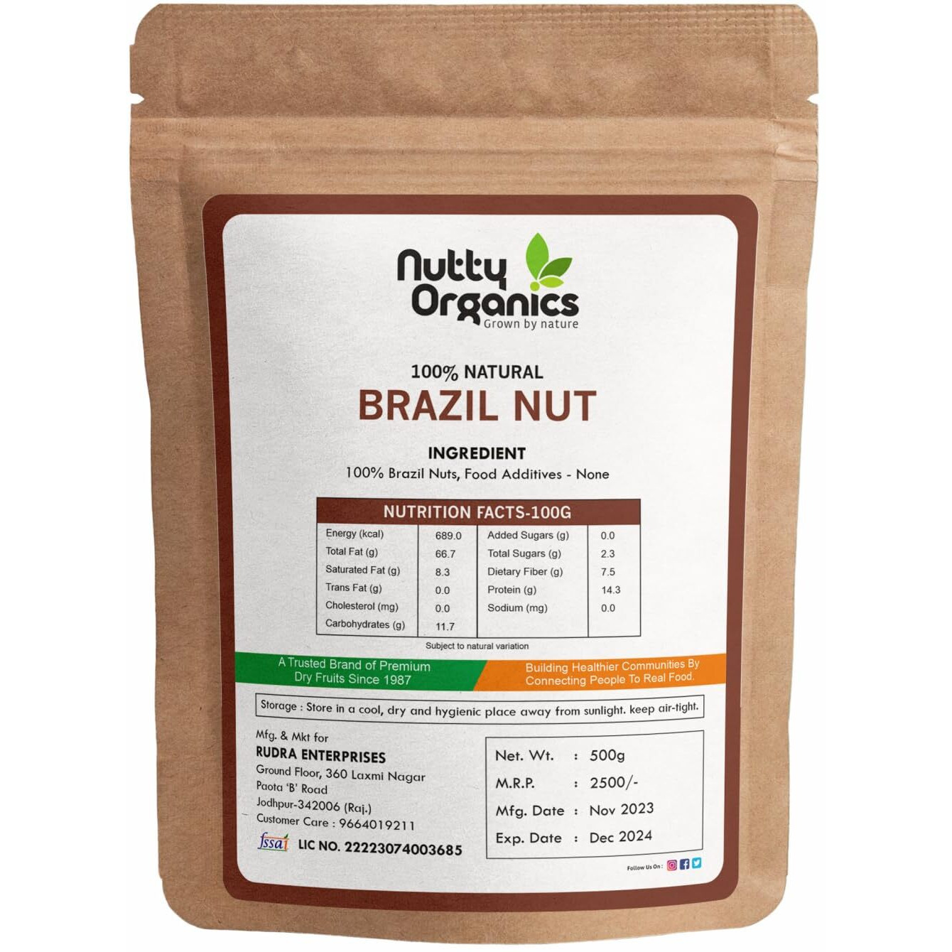 NUTTY ORGANICS Nutty Brazil Nuts - 500 Gm (Grade A ++ Nuts, Premium Jumbo Size, Imported) - Richest Natural Source Of Selenium