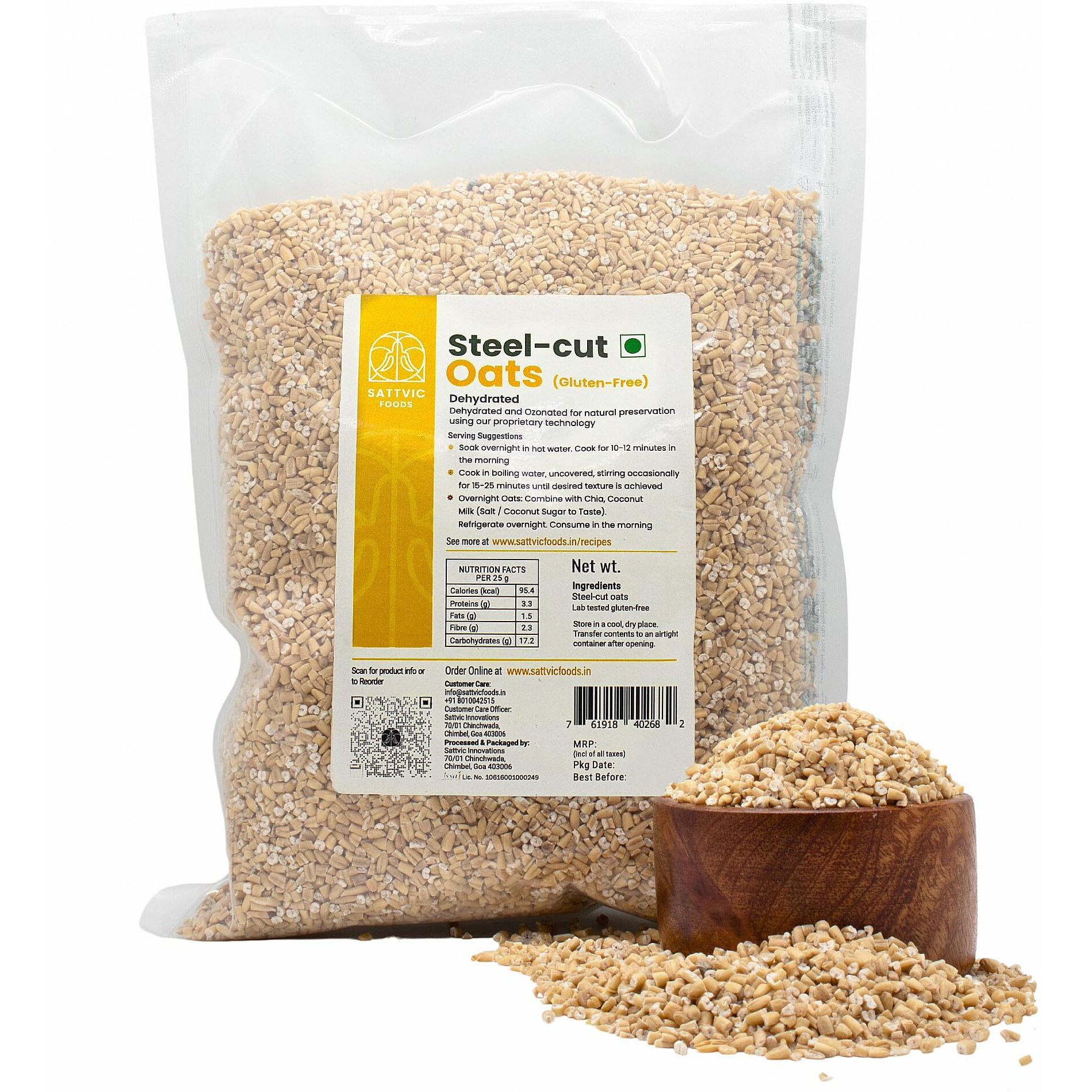 Sattvic Foods Steel Cut Oats (500 g) Scottish Oatmeal, Wholesome Breakfast Cereal - Gluten-Free & NON-GMO | High in Dietary Fibre & Protein | Make Porridge, Baked Goodies