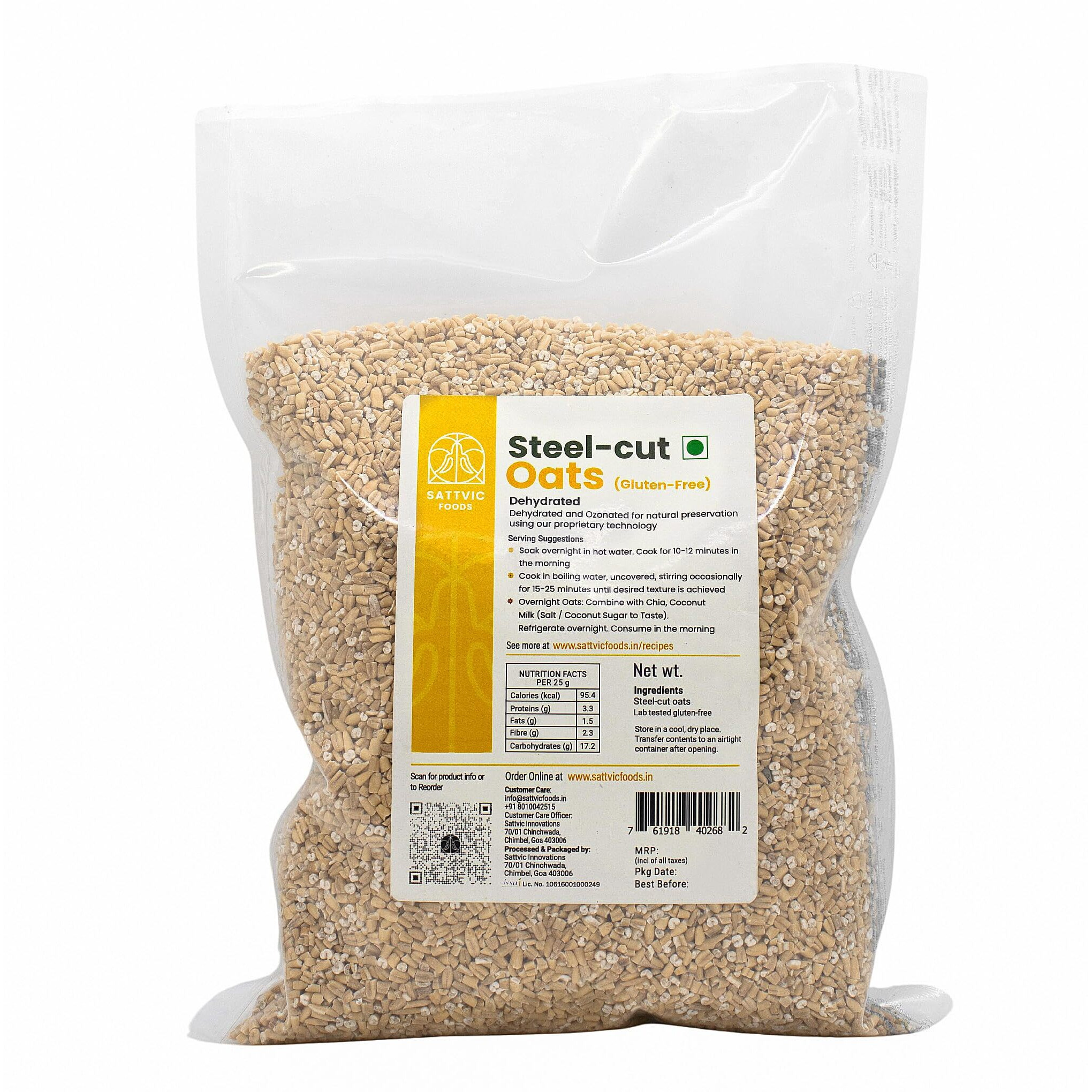 Sattvic Foods Steel Cut Oats (500 g) Scottish Oatmeal, Wholesome Breakfast Cereal - Gluten-Free & NON-GMO | High in Dietary Fibre & Protein | Make Porridge, Baked Goodies