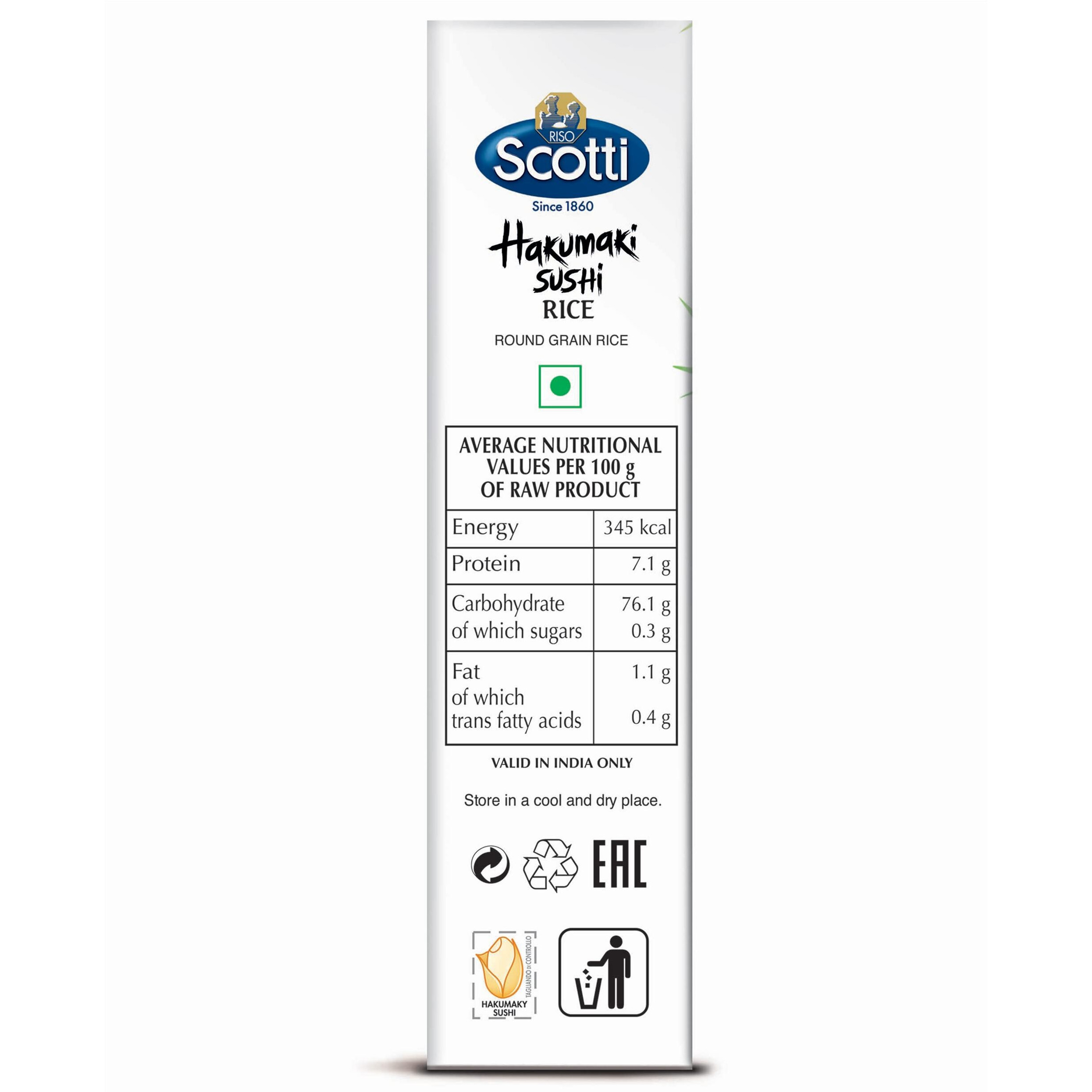 Riso Scotti Hakumaki Short Grain Sushi Rice, Product of Italy, Vacuum Packed, 35.2 oz / 2.2 lb / 1 kg, White