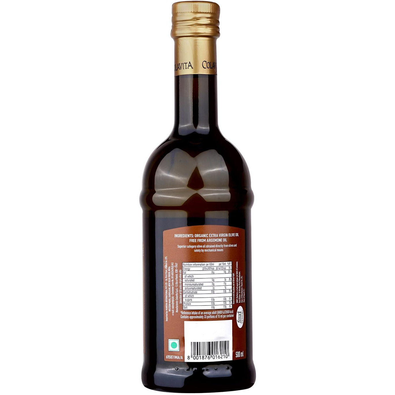 Colavita Italian Organic Extra Virgin Olive Oil (500 ml) | Imported from Italy |Ideal for Cooking, Dips, and Marinades | Cold Pressed Oil from Italian grown Olives | Timeless Bottle Pack