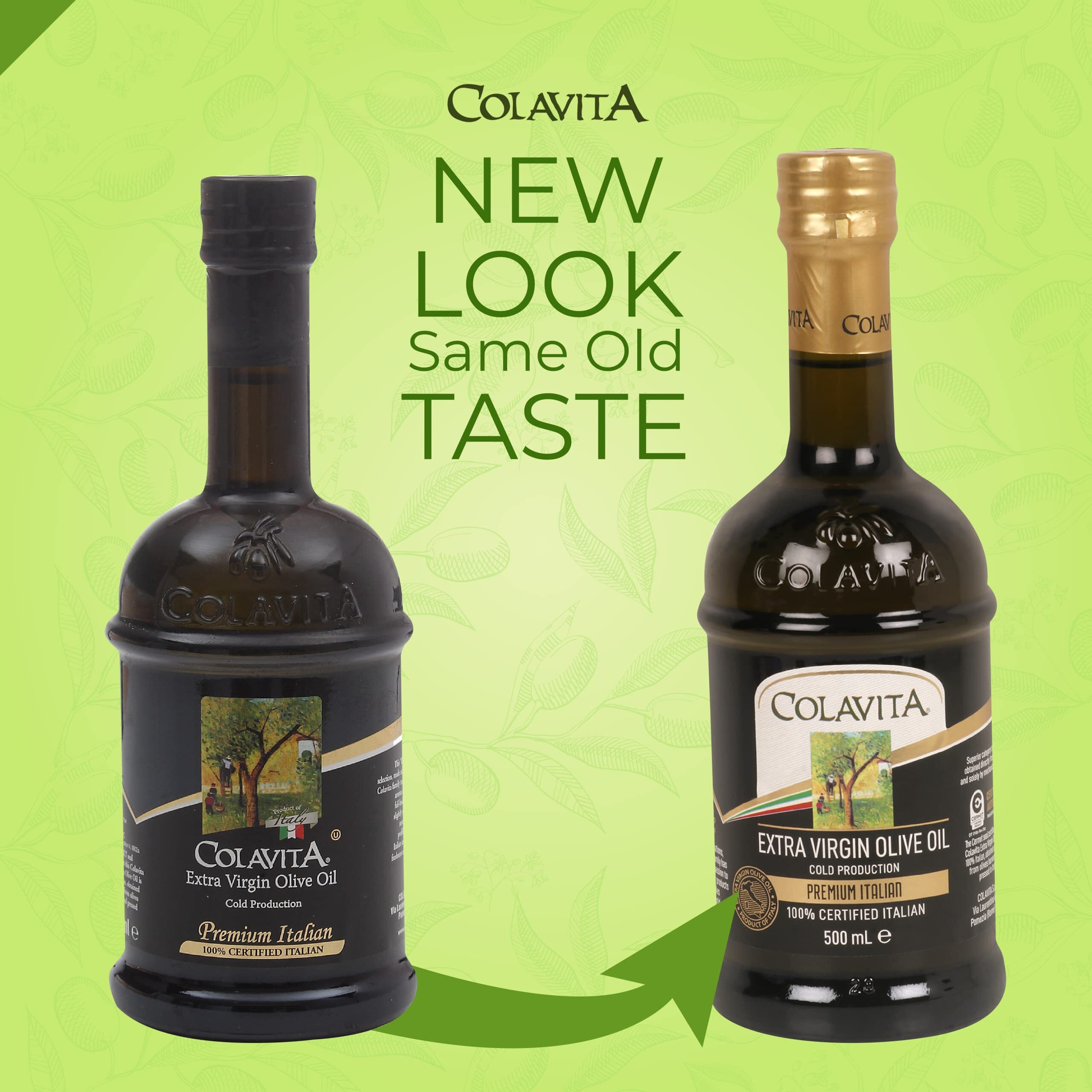 Colavita Extra Virgin Olive Oil (500ml) | Imported from Italy | Italian Olive Oil for Cooking, Dips and Marinades | Cold Pressed Oil | Timeless Bottle Pack