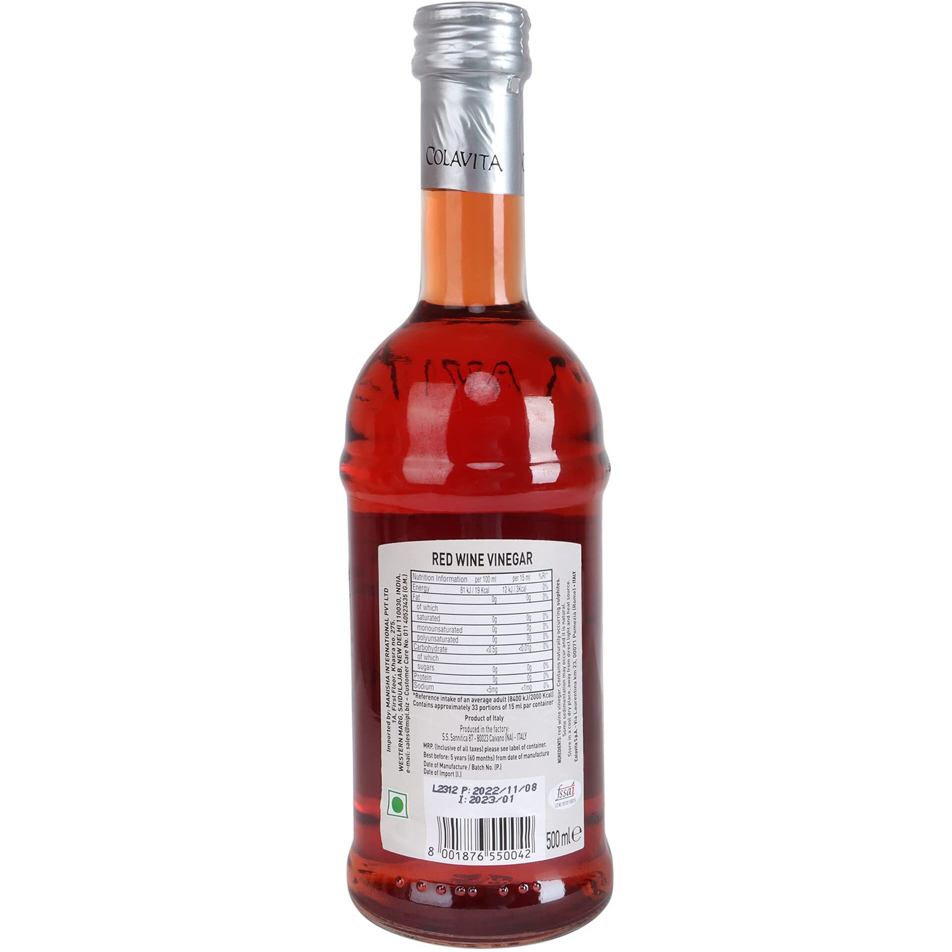 Colavita Red Wine Vinegar (500 ml) | Imported from Italy | Premium Red Vinegar for Cooking, Salad Dressings and Marinating Fresh or Grilled Vegetables | No Artificial Colours