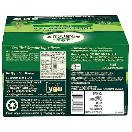ORGANIC INDIA Tulsi Green Classic Tea 50 Tea Bags - Green