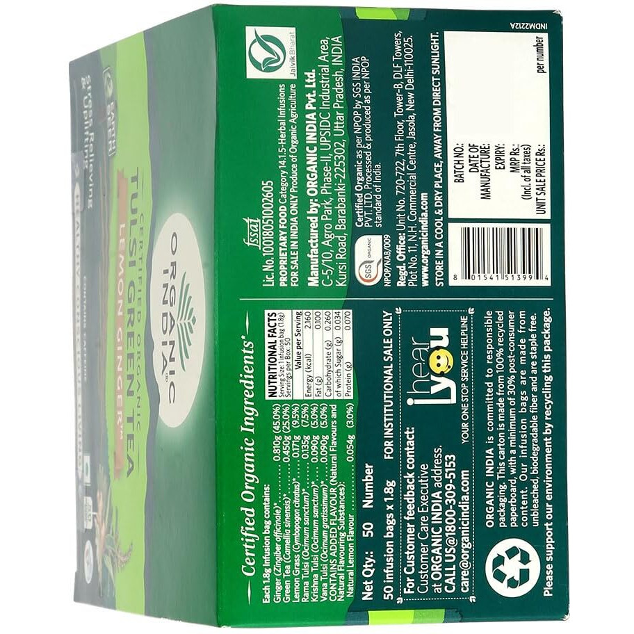 ORGANIC INDIA Tulsi Green Tea Lemon Ginger 50 Teabags, 50 gram