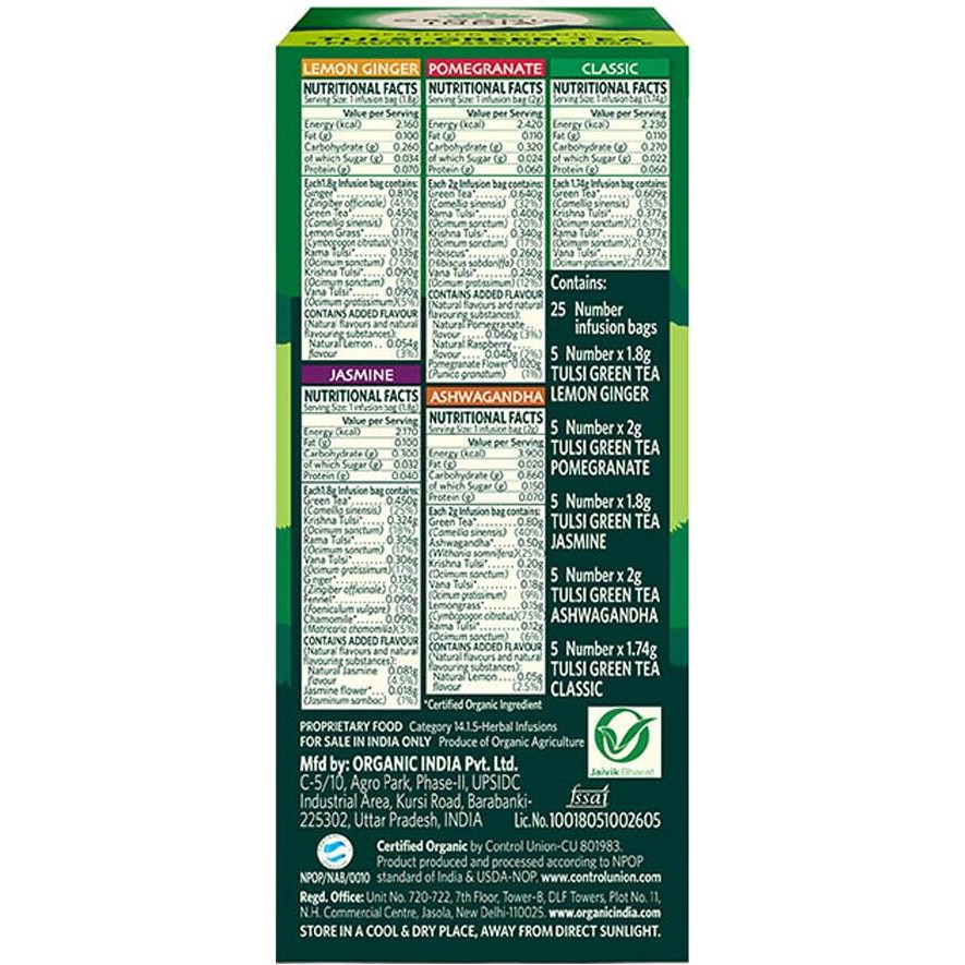ORGANIC INDIA Tulsi Green Tea Favourites Pack 25 Teabags,200 Grams