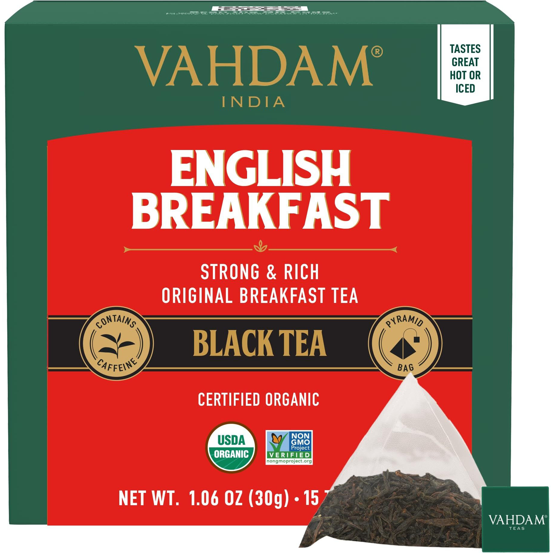 VAHDAM, English Breakfast Black Tea Bags (15 Count) High Caffeine, Gluten Free | Individually Wrapped Pyramid Tea Bags | Strong, Robust & Flavoury | Direct from Source
