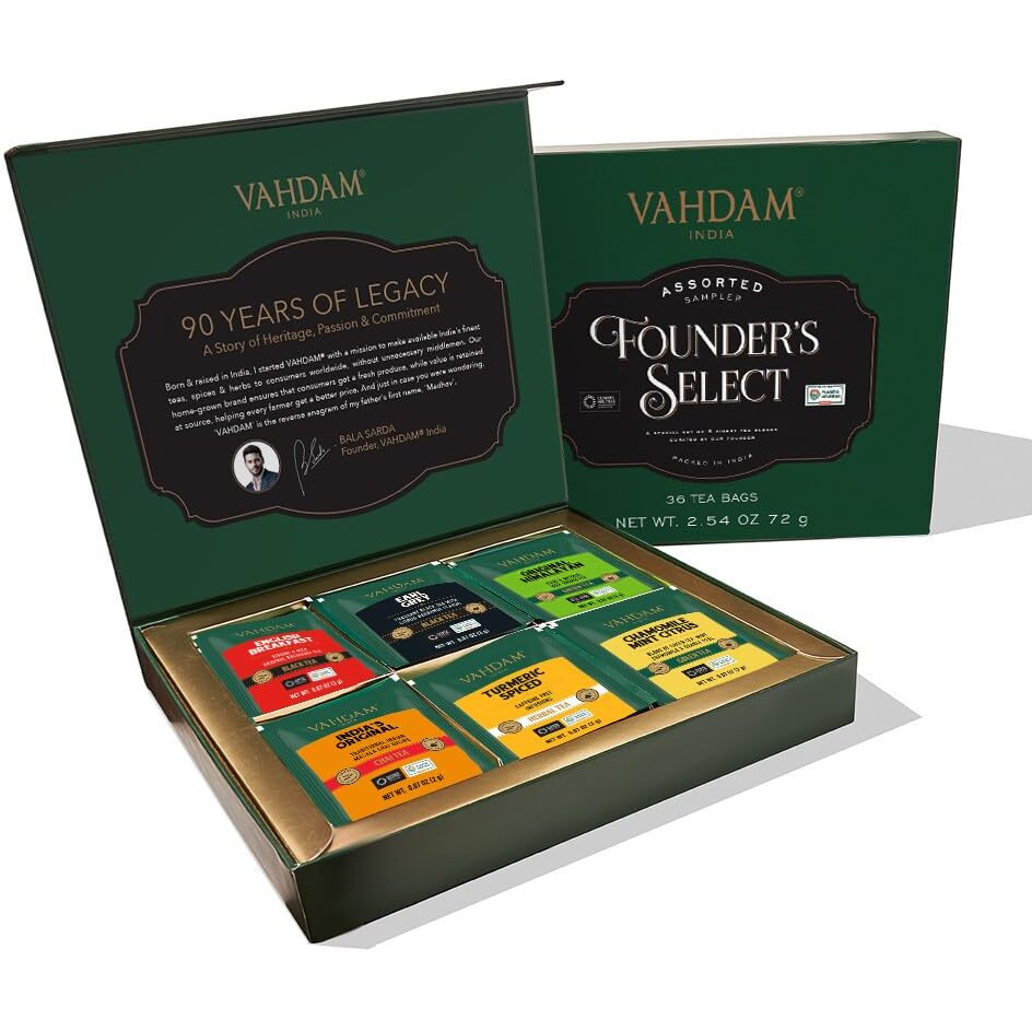 VAHDAM, Founders Select - Assorted Tea Sampler Gift Set - 6 Tea Flavors, 36 Individually Wrapped Pyramid Tea Bags - Black Tea, Green Tea, Chai Tea | Tea Gift Sets, Tea Bags Variety Pack