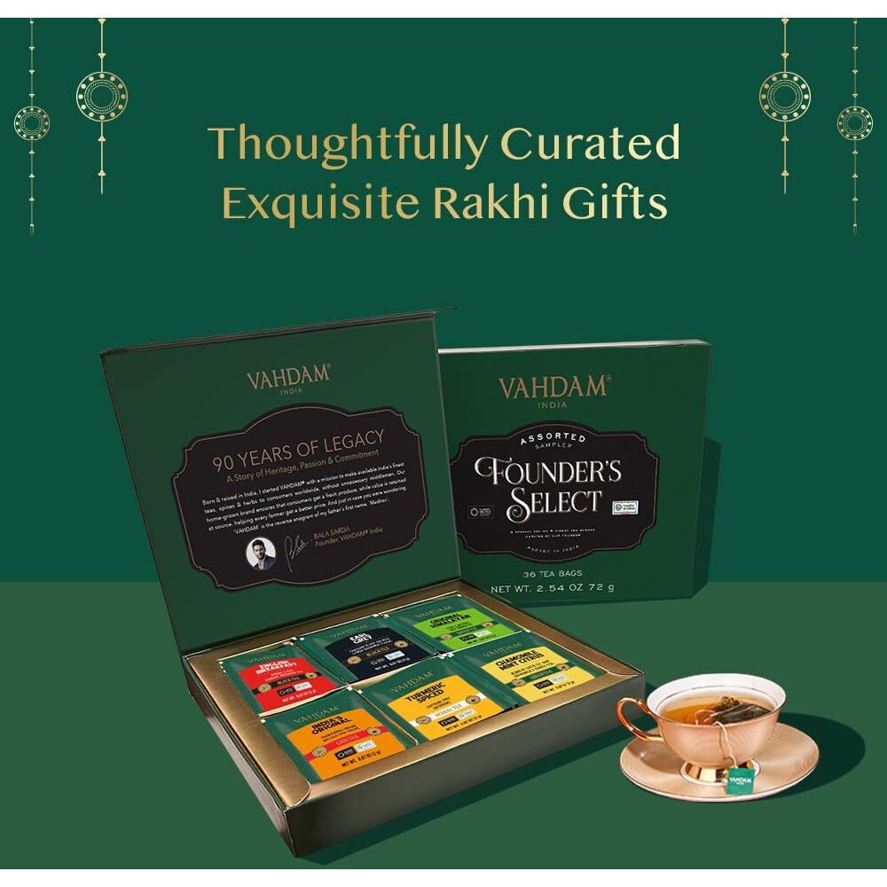 VAHDAM, Founders Select - Assorted Tea Sampler Gift Set - 6 Tea Flavors, 36 Individually Wrapped Pyramid Tea Bags - Black Tea, Green Tea, Chai Tea | Tea Gift Sets, Tea Bags Variety Pack