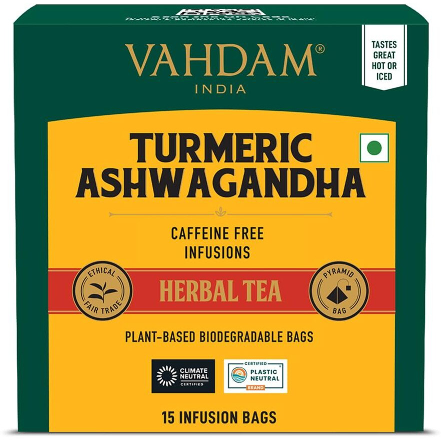 VAHDAM, Turmeric Ashwagandha Herbal Tea Bags (15 Count) Caffeine Free, Non-GMO, Gluten-Free | 100% Pure Herbal Blend - Sweet & Earthy | Individually Wrapped Pyramid Tea Bags | Direct from Source