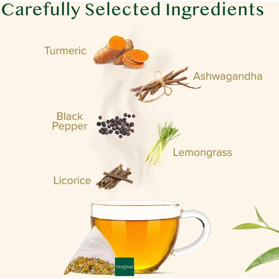 VAHDAM, Turmeric Ashwagandha Herbal Tea Bags (15 Count) Caffeine Free, Non-GMO, Gluten-Free | 100% Pure Herbal Blend - Sweet & Earthy | Individually Wrapped Pyramid Tea Bags | Direct from Source