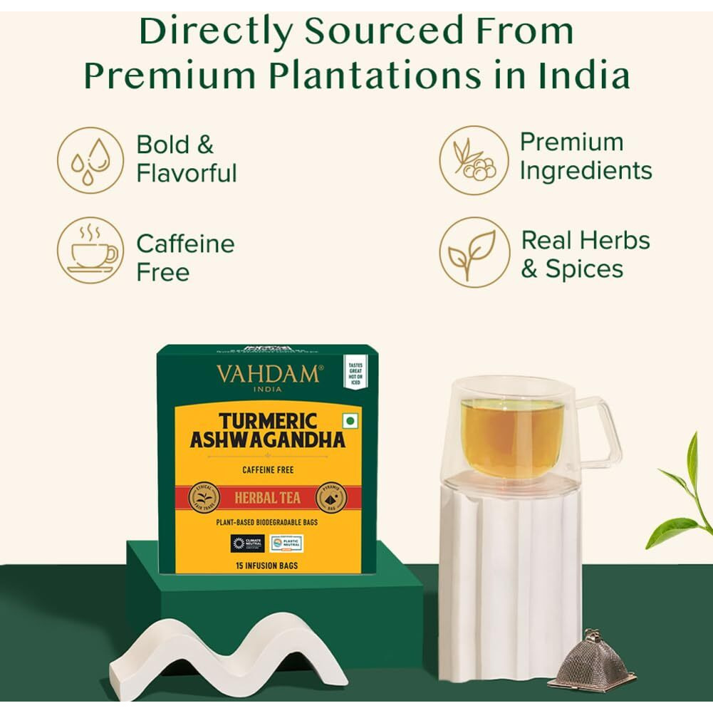 VAHDAM, Turmeric Ashwagandha Herbal Tea Bags (15 Count) Caffeine Free, Non-GMO, Gluten-Free | 100% Pure Herbal Blend - Sweet & Earthy | Individually Wrapped Pyramid Tea Bags | Direct from Source