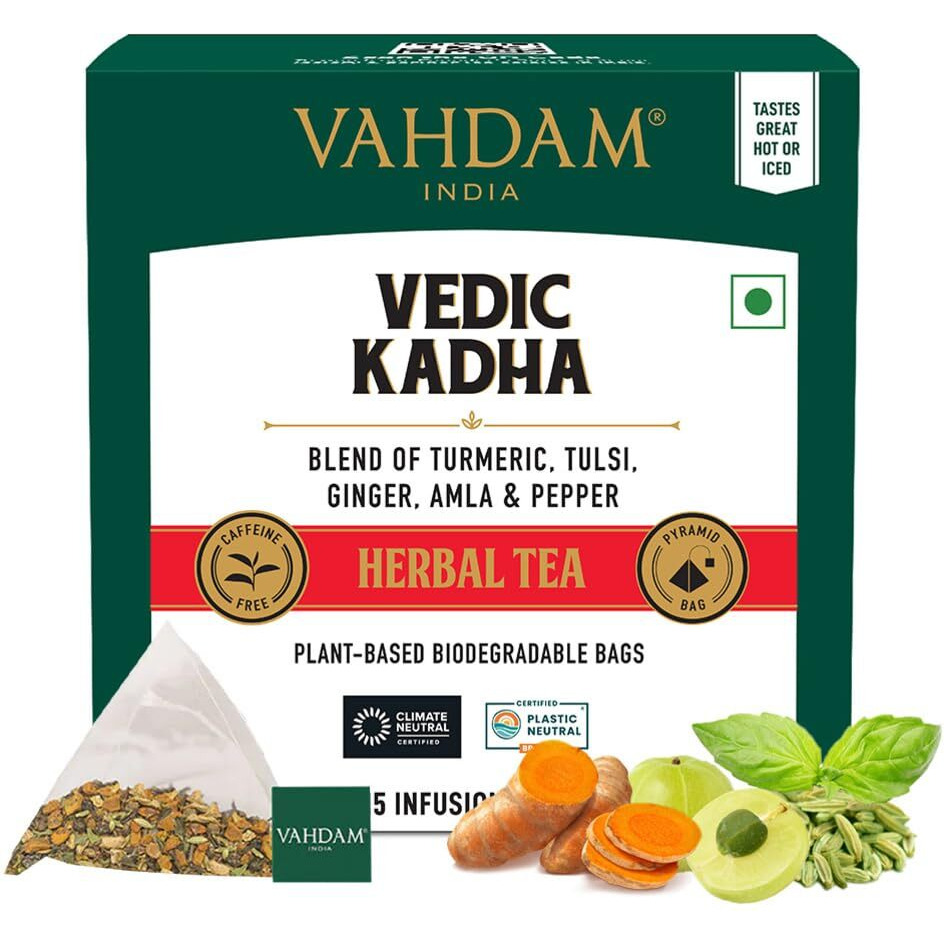VAHDAM, Vedic Kadha Herbal Tea Bags (15 Count) Caffeine Free, Non-GMO, Gluten-Free | 100% Pure Herbal Tisane - Earthy & Savory | Individually Wrapped Pyramid Tea Bags | Direct from Source