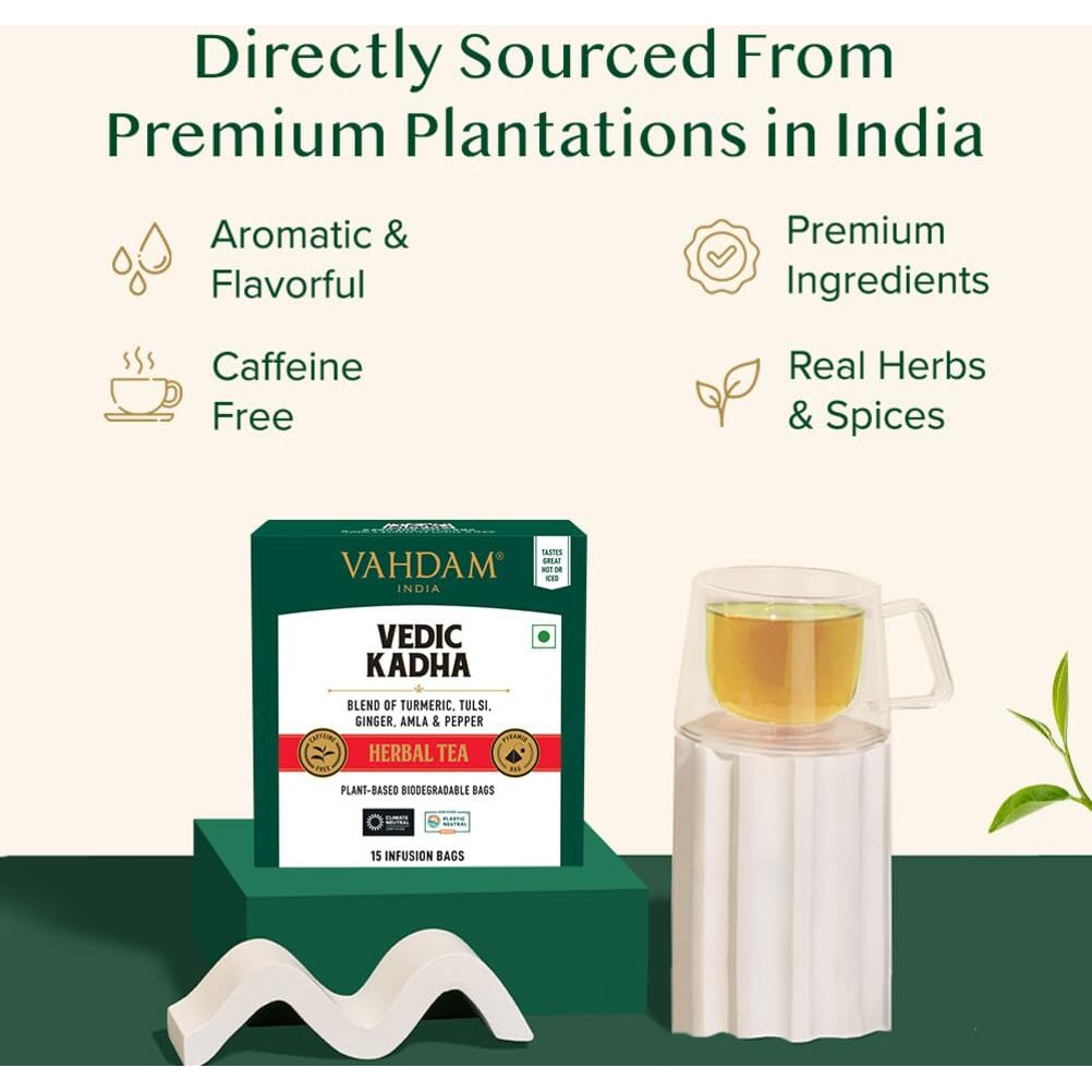 VAHDAM, Vedic Kadha Herbal Tea Bags (15 Count) Caffeine Free, Non-GMO, Gluten-Free | 100% Pure Herbal Tisane - Earthy & Savory | Individually Wrapped Pyramid Tea Bags | Direct from Source