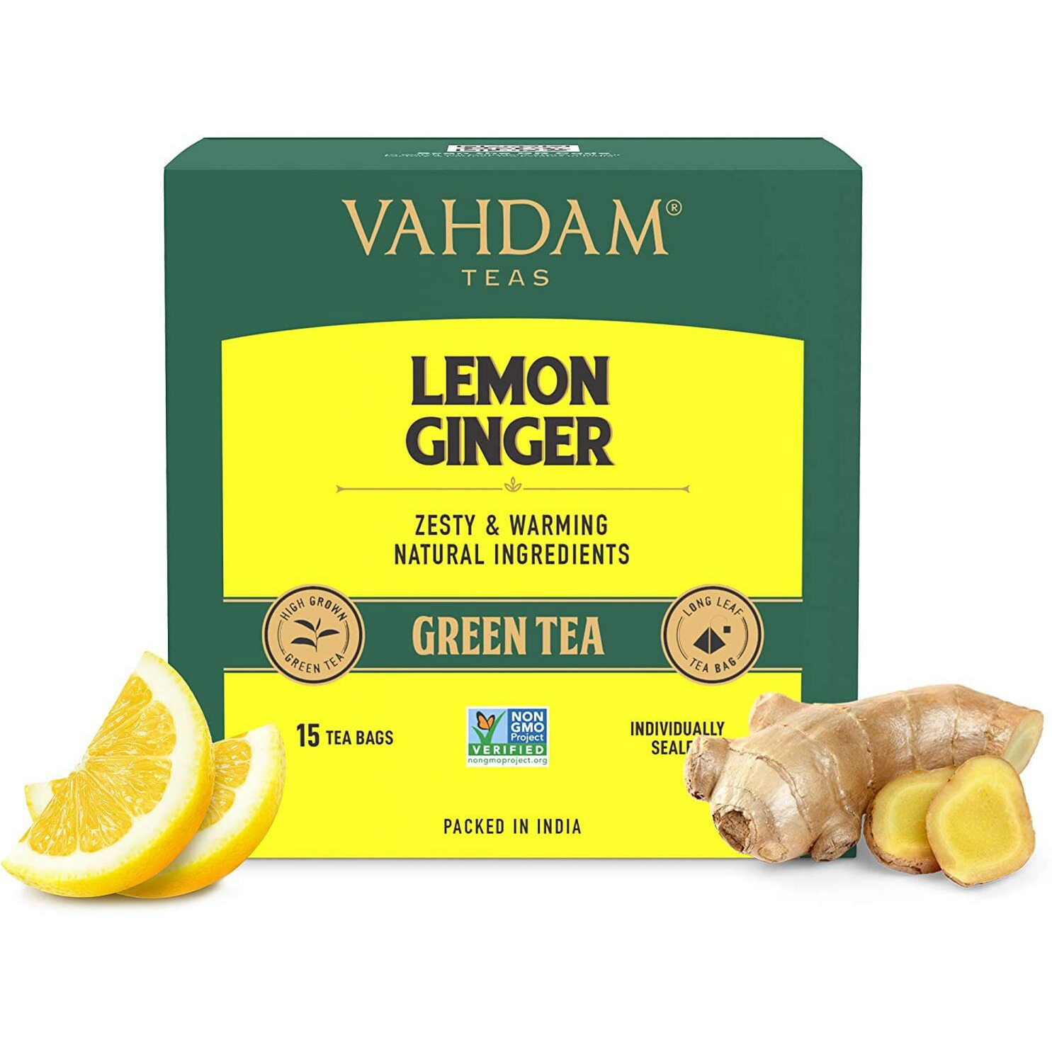 VAHDAM, Lemon Ginger Green Tea Bags (15 Count) Med Caffeine, Non-GMO, Gluten-Free | Fruity Flavor - Zesty Lemon & Orange Peel | Individually Wrapped Pyramid Tea Bags | Direct from Source