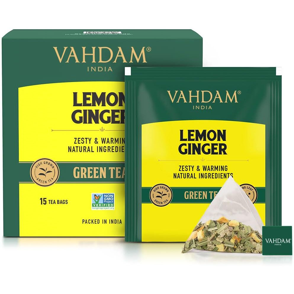 VAHDAM, Lemon Ginger Green Tea Bags (15 Count) Med Caffeine, Non-GMO, Gluten-Free | Fruity Flavor - Zesty Lemon & Orange Peel | Individually Wrapped Pyramid Tea Bags | Direct from Source
