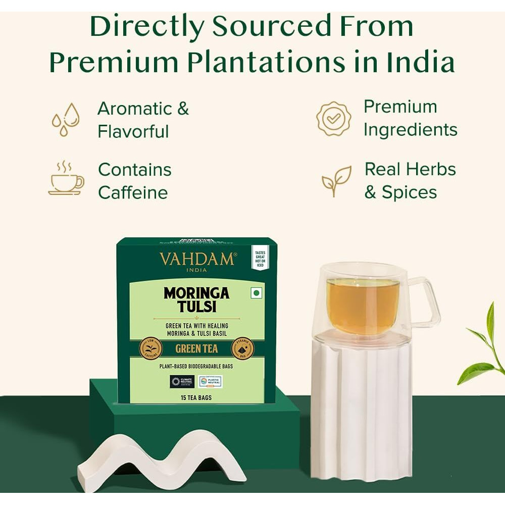 VAHDAM, Tulsi Moringa Green Tea Bags (15 Count) Low Caffeine, Non GMO & Gluten Free | Naturally High Grown Green Tea | Individually Wrapped Pyramid Tea Bags | Direct from Source