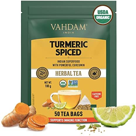 VAHDAM, Turmeric Spice Herbal Tea Bags (50 Count) Caffeine Free, Non-GMO, Gluten-Free | 100% Pure Herbal Tisane - Savory & Spicy | Whole Loose Leaf Tea Bags | Resealable Ziplock Pouch