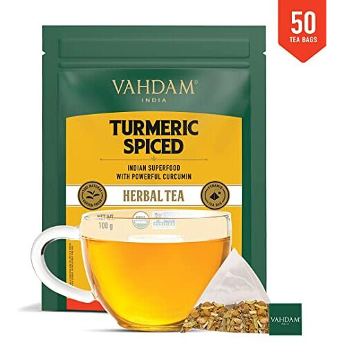 VAHDAM, Turmeric Spice Herbal Tea Bags (50 Count) Caffeine Free, Non-GMO, Gluten-Free | 100% Pure Herbal Tisane - Savory & Spicy | Whole Loose Leaf Tea Bags | Resealable Ziplock Pouch