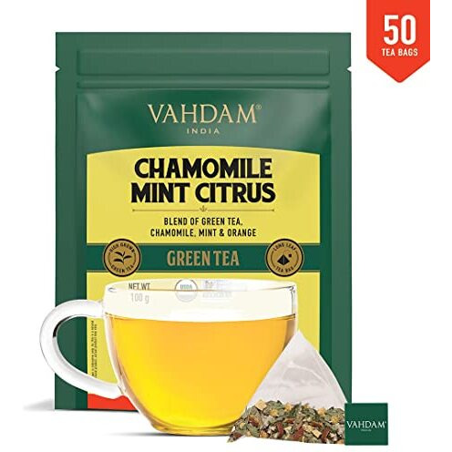 VAHDAM, Chamomile Mint Citrus Green Tea Bags (50 Count) Low Caffeine, Non GMO, Gluten Free | Sweet & Floral | Whole Loose Leaf Tea Bags | Resealable Ziplock Pouch | Chamomile Tea, Mint Tea Bags