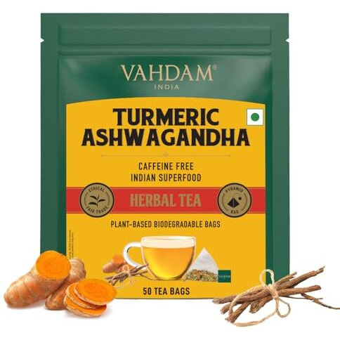 VAHDAM, Turmeric Ashwagandha Herbal Tea Bags (50 Count) 100% Pure Herbal Blend - Turmeric, Ashwagandha, Lemongrass, Black Pepper & Licorice | Resealable Ziplock Pouch